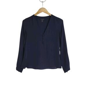 J Crew Navy Blue Silk Long Sleeve V-Neck Lined Blouse Size 00